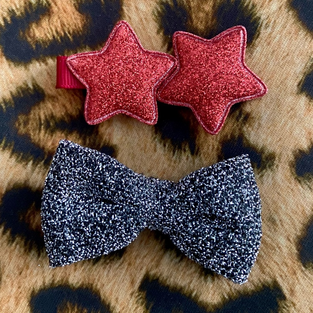 Red Glitter Stars and Black and Silver Shimmer Hair Bow Hair Clips - Picture 2 of 7